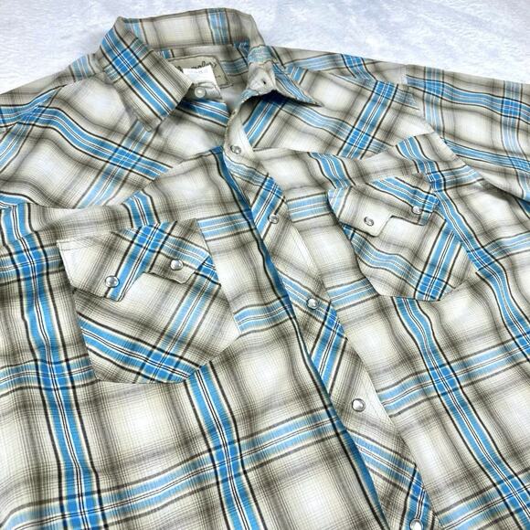 VTG Wrangler Pearl Snap Western Shirt Mens L Blue Plaid Sawtooth Cowboy Rodeo - Picture 1 of 6